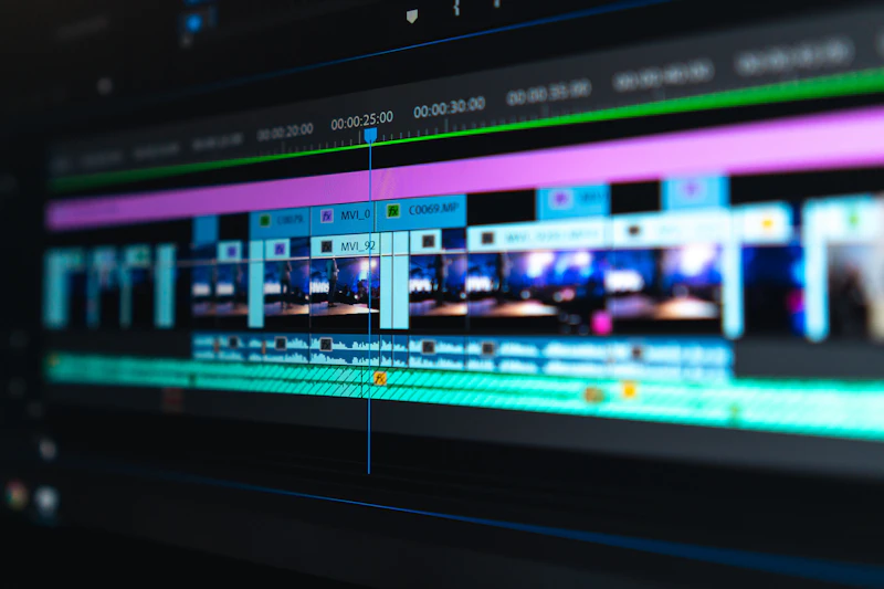 Video editing timeline on a professional editing software showing color grading and effects